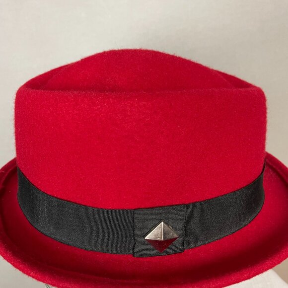 Pork Pie Hat Wool Felt Red Black Trim Medium Large Short Brim Women - Picture 13 of 13